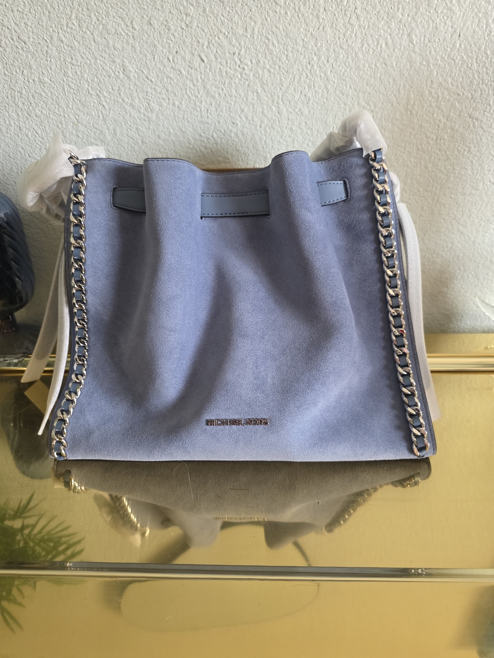 MICHAEL KORS Blue Suede Chain-Trim Shoulder Bag